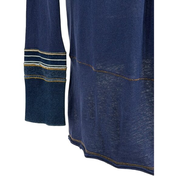 Free People Blue Slouchy Exposed Stitch Embellished Henley Top | Boho Grunge S - Picture 10 of 16